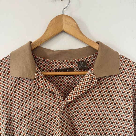 Bobby Chan Tan Orange Geometric Pattern Silk Cotton Blend Golf Polo Shirt - Picture 5 of 7